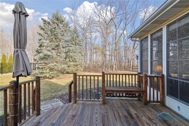 wooden terrace featuring a yard