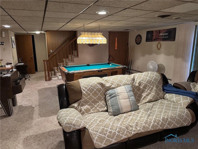 recreation room with carpet floors, a paneled ceiling, and pool table