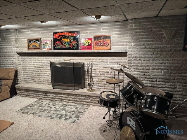 recreation room with carpet and a drop ceiling