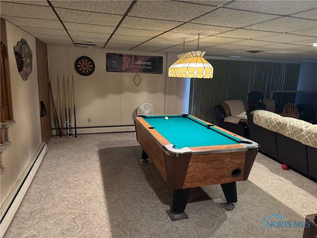 rec room with carpet, a baseboard radiator, a drop ceiling, and pool table