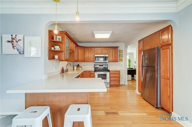 kitchen with stainless steel appliances, ornamental molding, a peninsula, and a sink