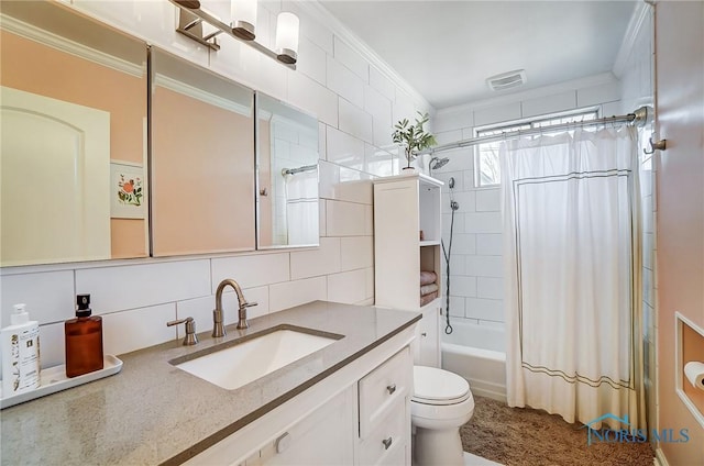 full bathroom featuring visible vents, decorative backsplash, ornamental molding, shower / bathtub combination with curtain, and vanity