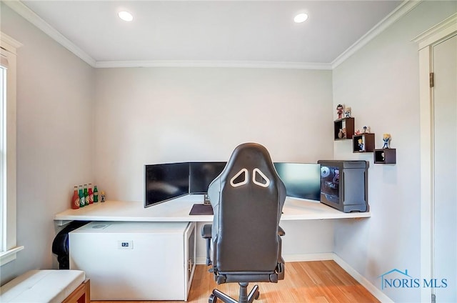 office area featuring ornamental molding, recessed lighting, and wood finished floors