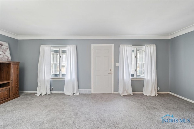 interior space featuring multiple windows, ornamental molding, and carpet flooring