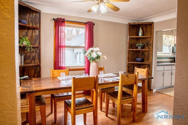 dining area featuring a ceiling fan and wood finished floors