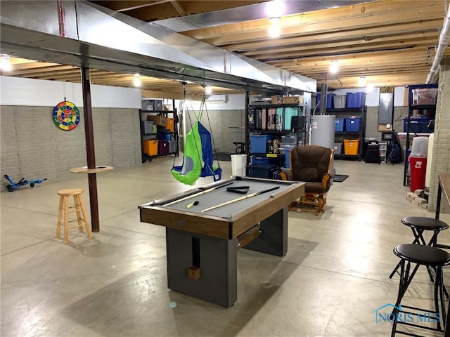 playroom with billiards, electric panel, and finished concrete floors