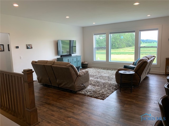 living area with dark wood-style flooring and recessed lighting