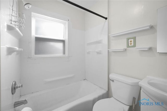 full bathroom with toilet, tub / shower combination, and vanity