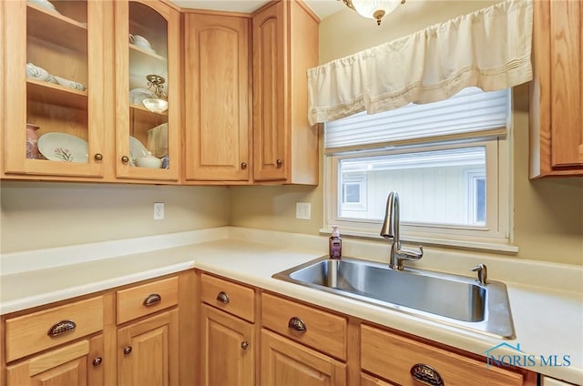 kitchen featuring glass insert cabinets, light countertops, and a sink