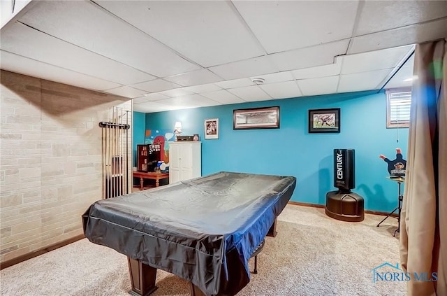 game room featuring carpet floors, pool table, a paneled ceiling, and baseboards