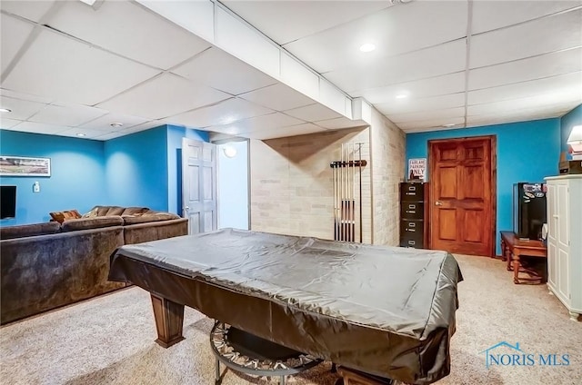 game room featuring carpet floors, pool table, and a paneled ceiling