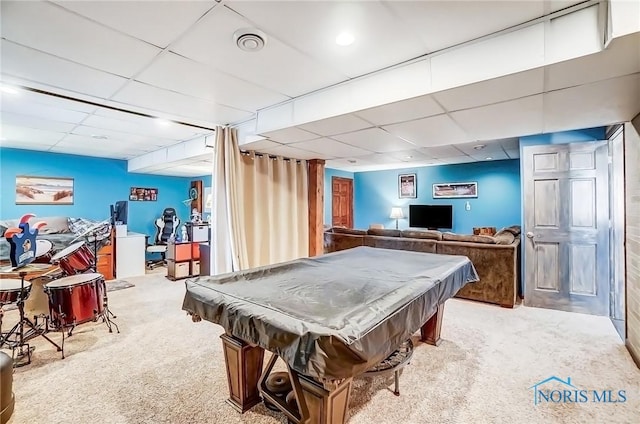 playroom with carpet floors, billiards, visible vents, and a drop ceiling