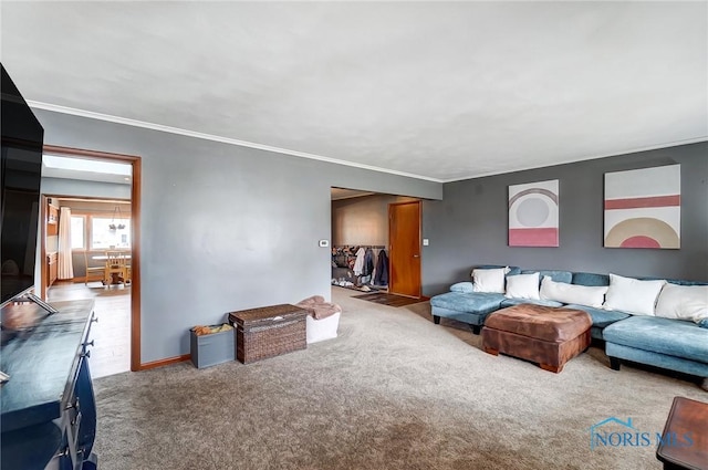 living area with ornamental molding and carpet