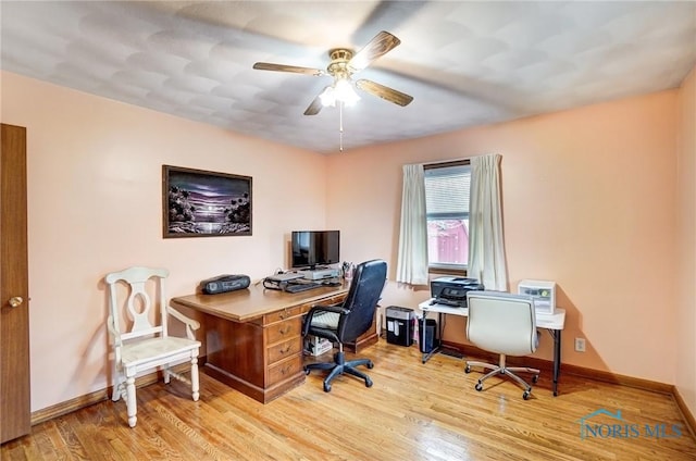 home office with ceiling fan, baseboards, and wood finished floors