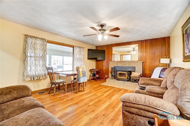 living area featuring ceiling fan, wood finished floors, visible vents, and wooden walls