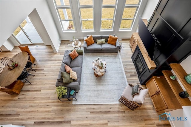 living room with light wood finished floors and baseboards