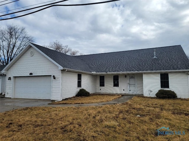 ranch-style house with a garage, concrete driveway, roof with shingles, and a front lawn