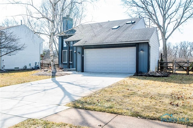 view of front of house with driveway, a chimney, a shingled roof, a garage, and board and batten siding