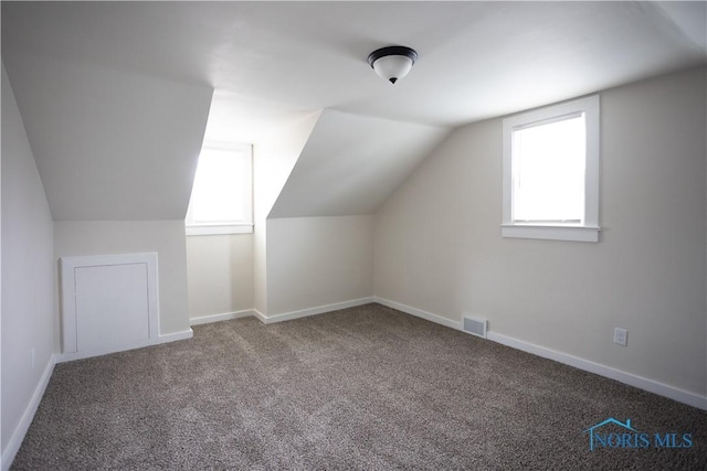 additional living space with visible vents, baseboards, carpet flooring, and vaulted ceiling