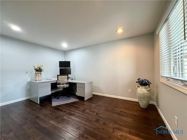 office space featuring dark wood-style floors, baseboards, and recessed lighting