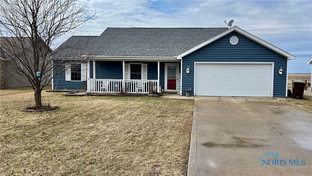 ranch-style house featuring a porch, an attached garage, a shingled roof, driveway, and a front lawn