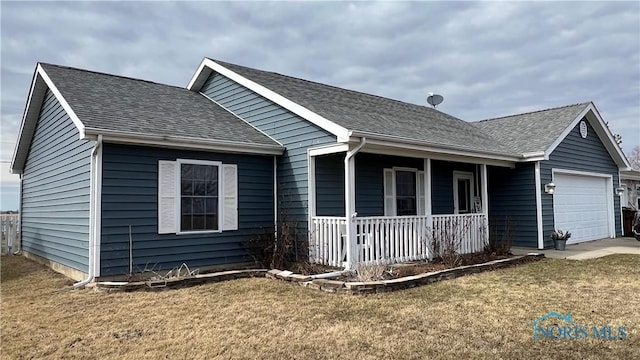 ranch-style home with a porch, a front lawn, a shingled roof, and an attached garage