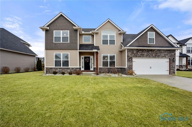 craftsman-style home featuring driveway, stone siding, and a front yard