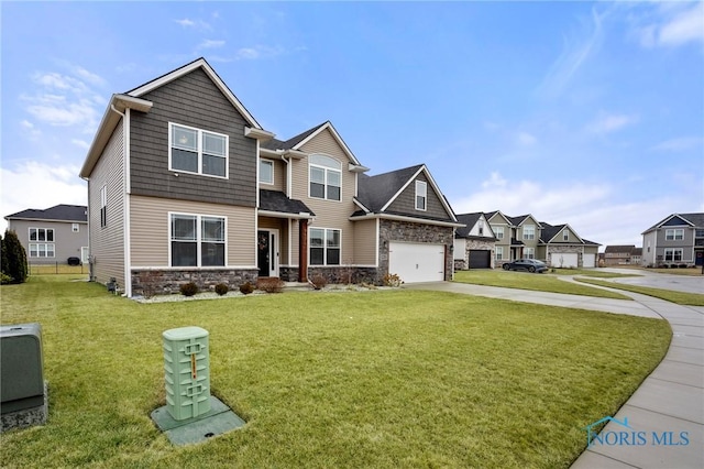 craftsman inspired home featuring driveway, stone siding, a garage, and a front lawn