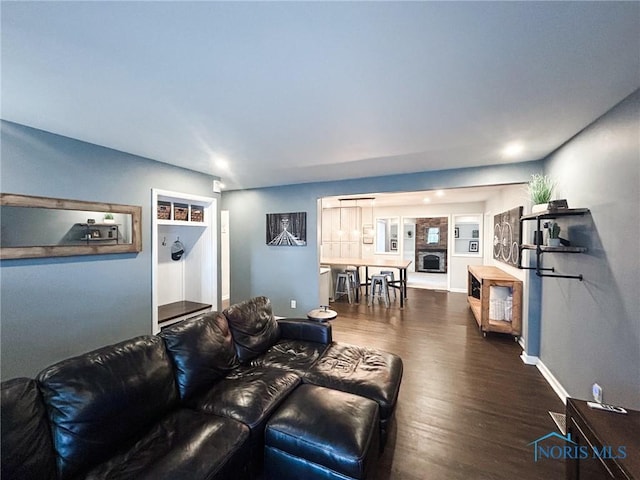 living area with baseboards and dark wood-style flooring