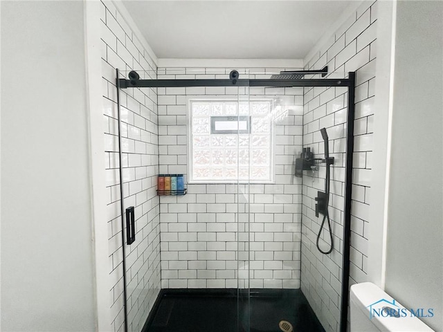 full bathroom featuring toilet and a stall shower