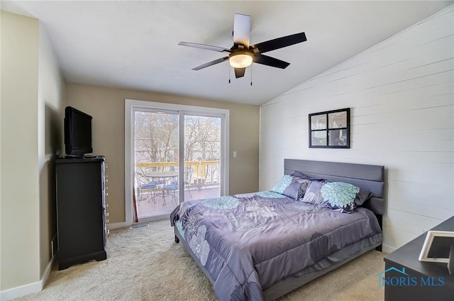 bedroom featuring baseboards, ceiling fan, vaulted ceiling, access to outside, and light colored carpet