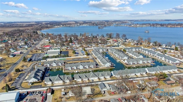 aerial view featuring a water view