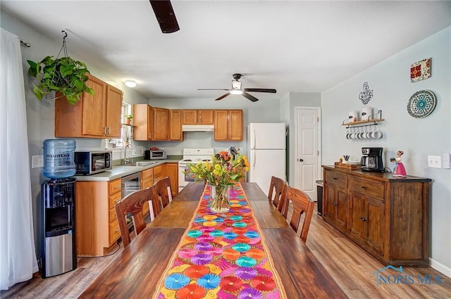 kitchen featuring white appliances, ceiling fan, wood finished floors, under cabinet range hood, and a sink