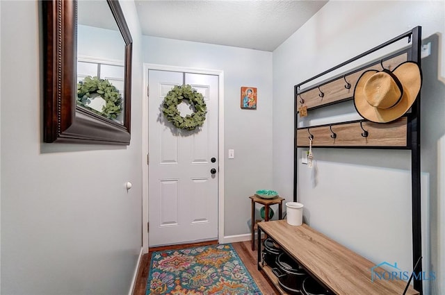 mudroom featuring wood finished floors and baseboards