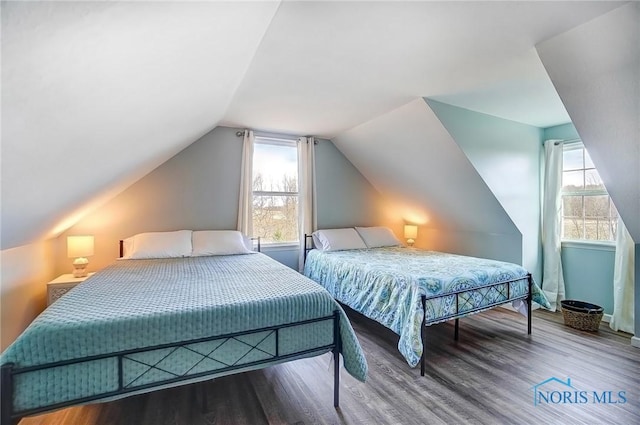 bedroom featuring multiple windows, vaulted ceiling, and wood finished floors