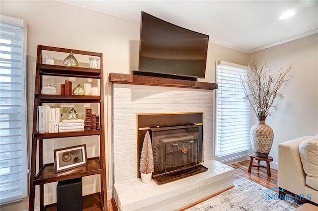 living area with ornamental molding, wood finished floors, a wealth of natural light, and baseboards