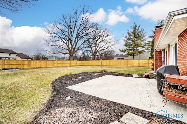 view of yard with a fenced backyard and a patio