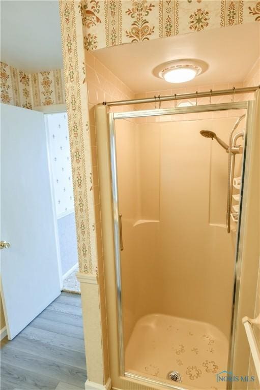 bathroom with wood finished floors and a shower stall