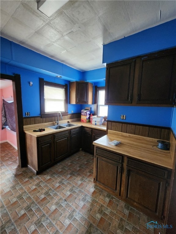 kitchen with light countertops, plenty of natural light, a sink, and brick floor