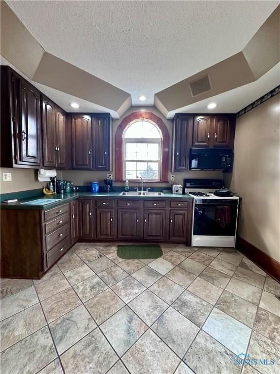 kitchen with visible vents, gas range gas stove, dark brown cabinets, black microwave, and a sink