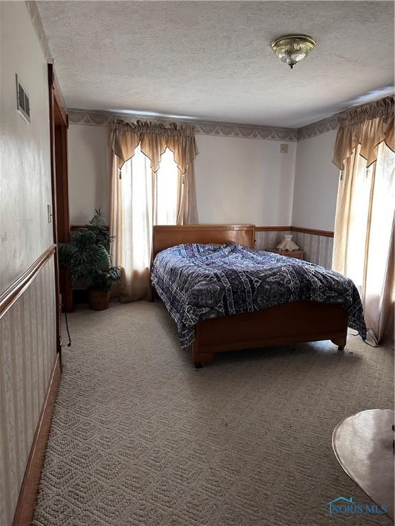 bedroom with carpet, visible vents, wainscoting, and a textured ceiling