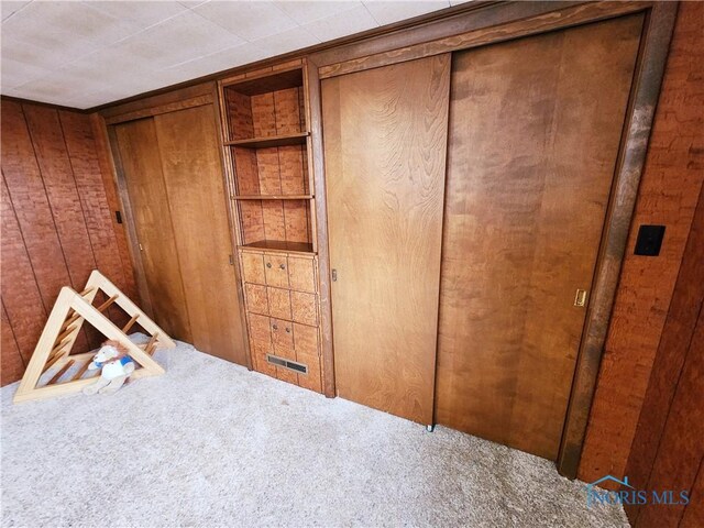 3221 Carrell Rd, Bucyrus, OH 44820 - carpeted bedroom featuring wood walls
