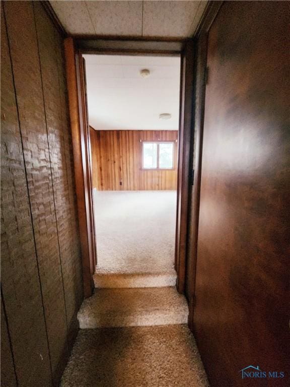 hallway featuring carpet flooring and wooden walls