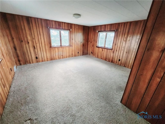 carpeted spare room featuring plenty of natural light and wooden walls