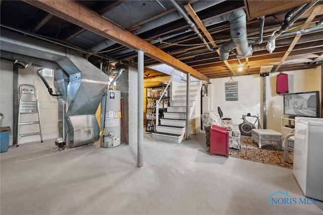 unfinished basement with stairway, gas water heater, and heating unit