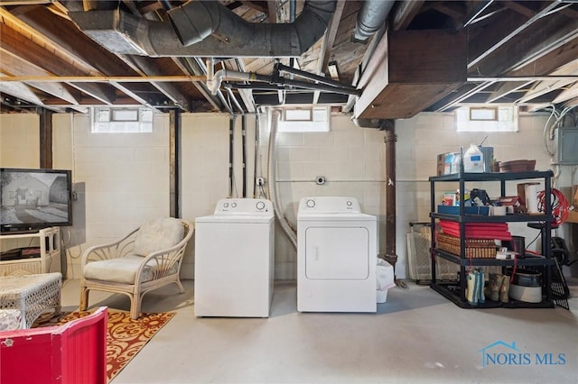 basement featuring electric panel and washer and dryer