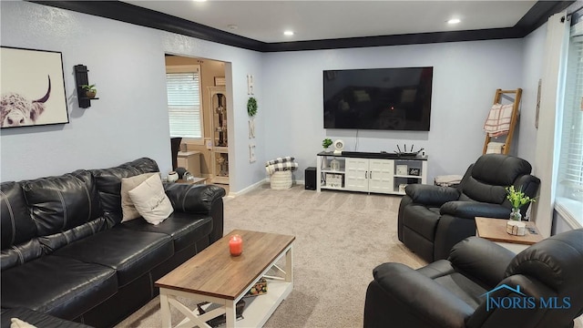 living room with recessed lighting, baseboards, carpet, and ornamental molding