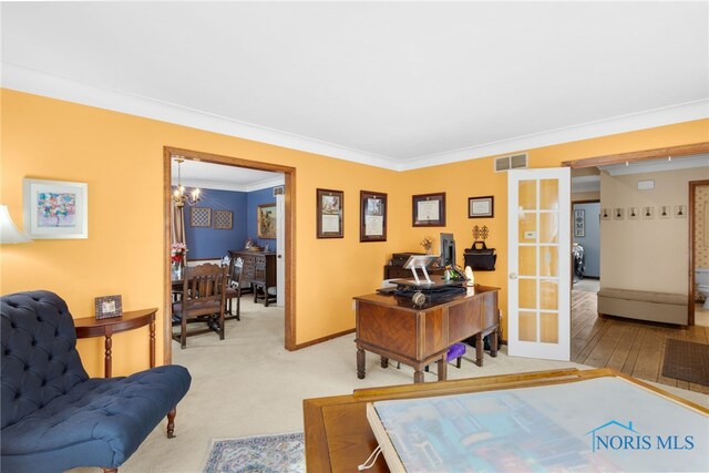 office area with baseboards, visible vents, crown molding, french doors, and a notable chandelier