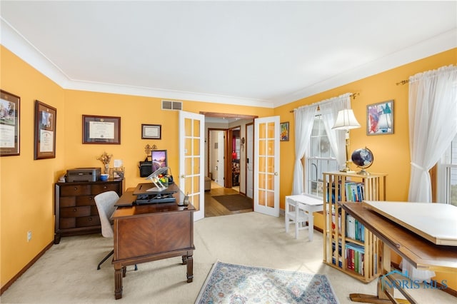 home office featuring ornamental molding, french doors, visible vents, and baseboards