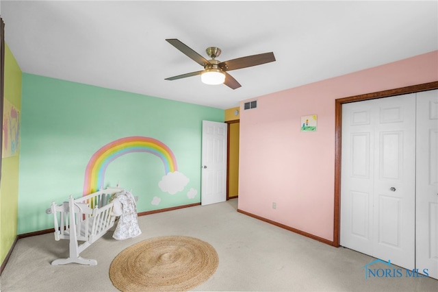 5605 Weckerly Rd, Whitehouse, OH 43571 - carpeted bedroom featuring baseboards, visible vents, ceiling fan, and a closet